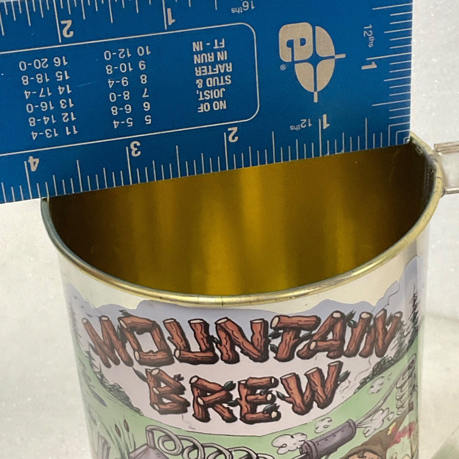 Chuck Wagon Soda Mountain Brew Tin Cup 5 in Tall with Broken Bent Handle - Image 13