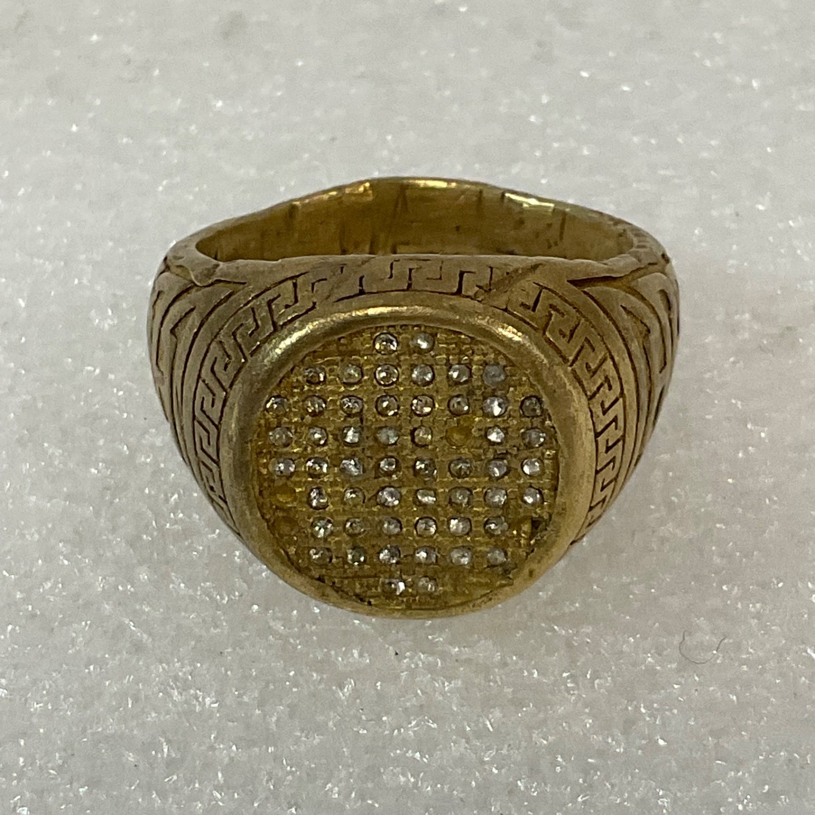 Size 10 Gold Tone Metal Fashion Ring Greek Key Pattern with Clear Accent Stones - Image 1