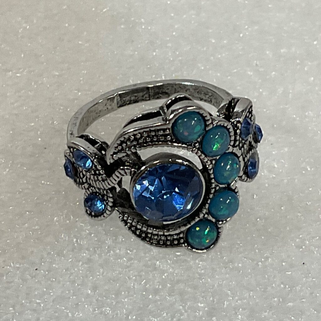 Silver Tone Blue Stone Cluster Fashion Ring US Size 10 Floral Swirl Design - Image 1