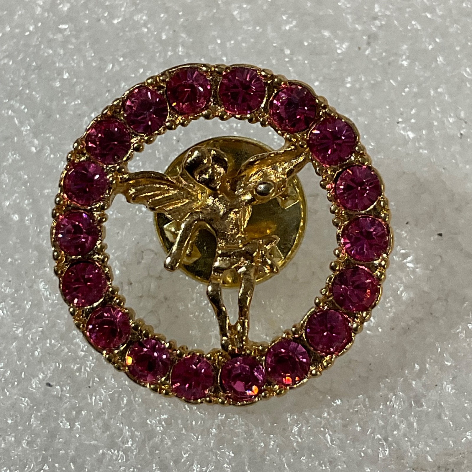 Vintage Gold Tone Cherub Angel Pin Brooch Pink Rhinestones Round Lapel Badge - Image 1