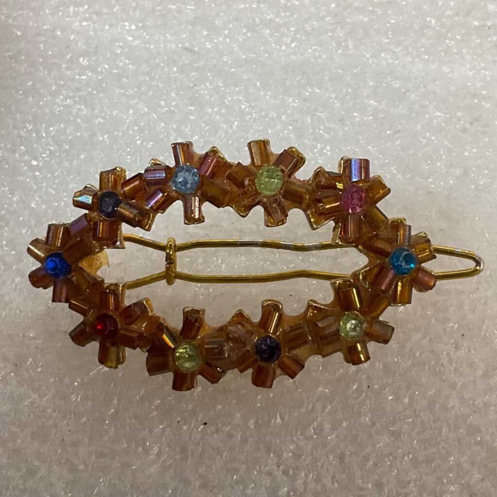 Vintage Gold Tone Hair Barrette Clip Oval Multi Color Rhinestone Floral Design - Image 1