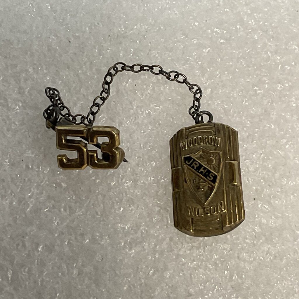 Woodrow Wilson Junior High School Wehawken NJ 1953 Gold Toned Pin & Chain EWB - Image 1