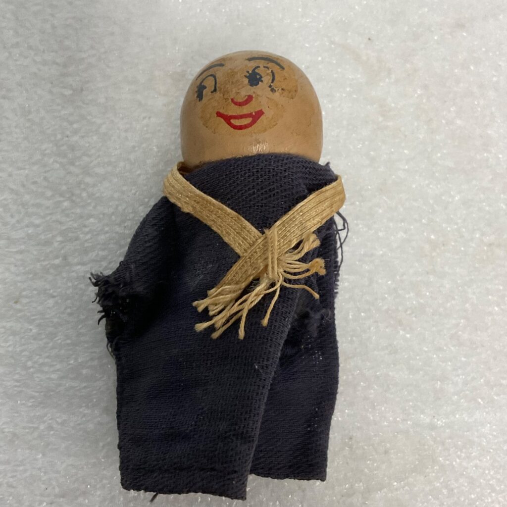 Vintage Wooden Finger Puppet Monk Figure 3in Hand Painted Face Fabric Robe - Image 1