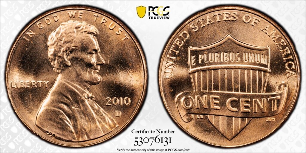 2010-D 1C Lincoln Shield Cent PCGS MS65RD Cert#53076131 - Image 1