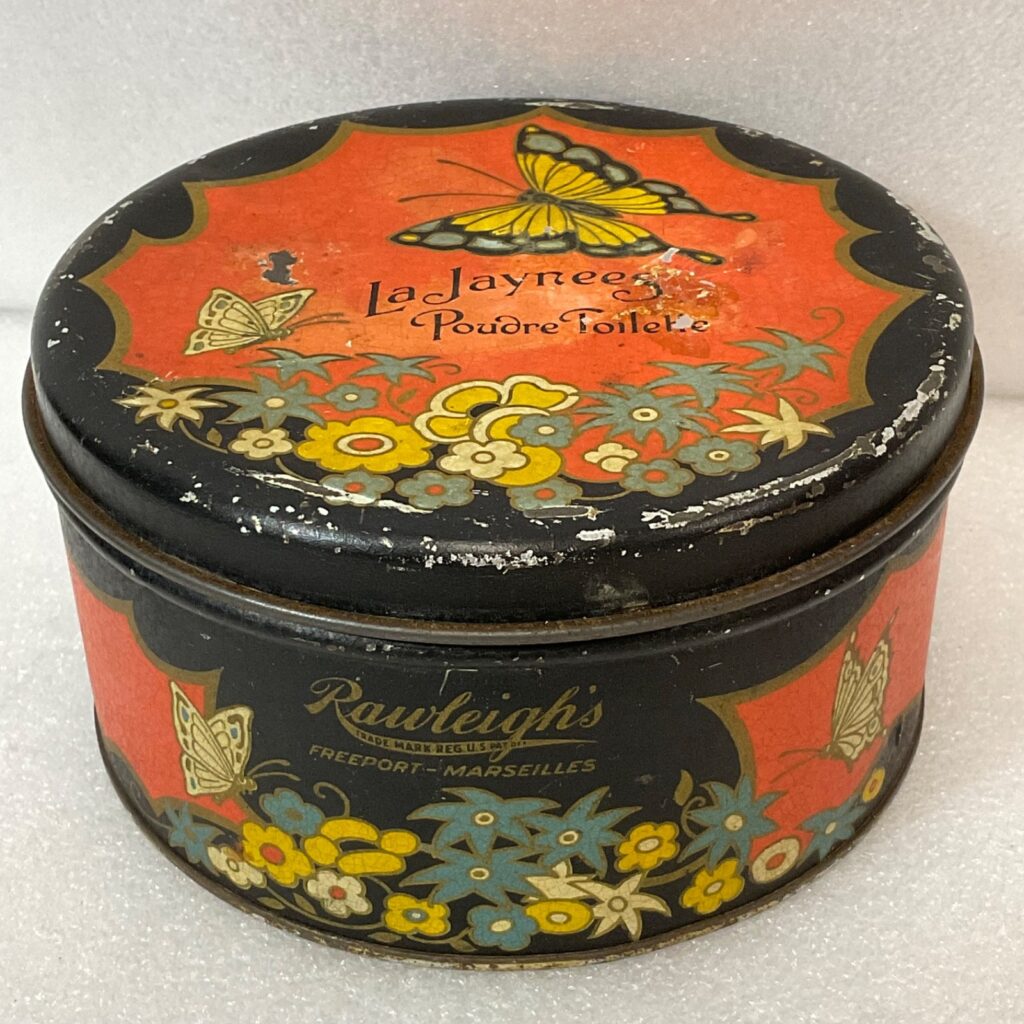 Vintage Rawleigh’s La Jaynees Poudre Toilette Tin 4.75in Butterfly Floral Design - Image 1