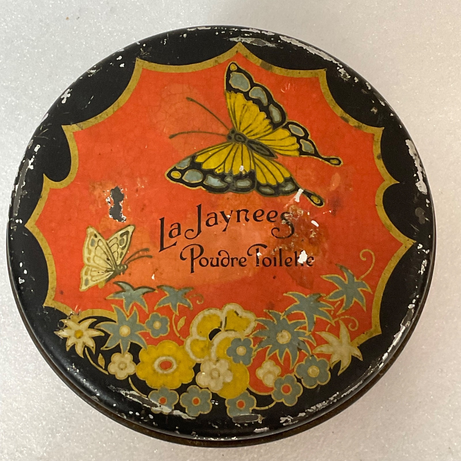 Vintage Rawleigh’s La Jaynees Poudre Toilette Tin 4.75in Butterfly Floral Design - Image 5