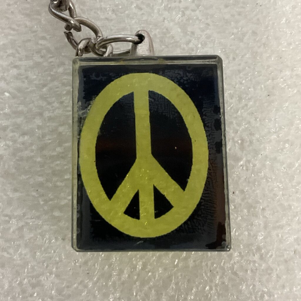 Vintage Acrylic Peace Symbol Keychain Retro Black Yellow Hippie Pendant 17.3g - Image 1