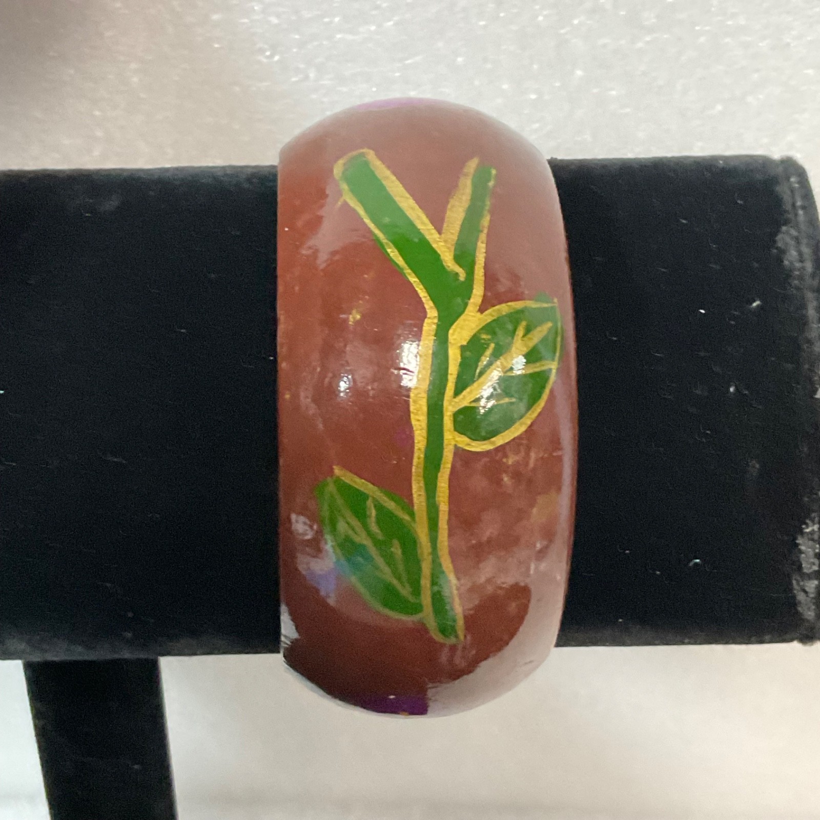 Vintage Hand Painted Wooden Bangle Bracelet Brown Floral Purple Flower 7" - Image 3