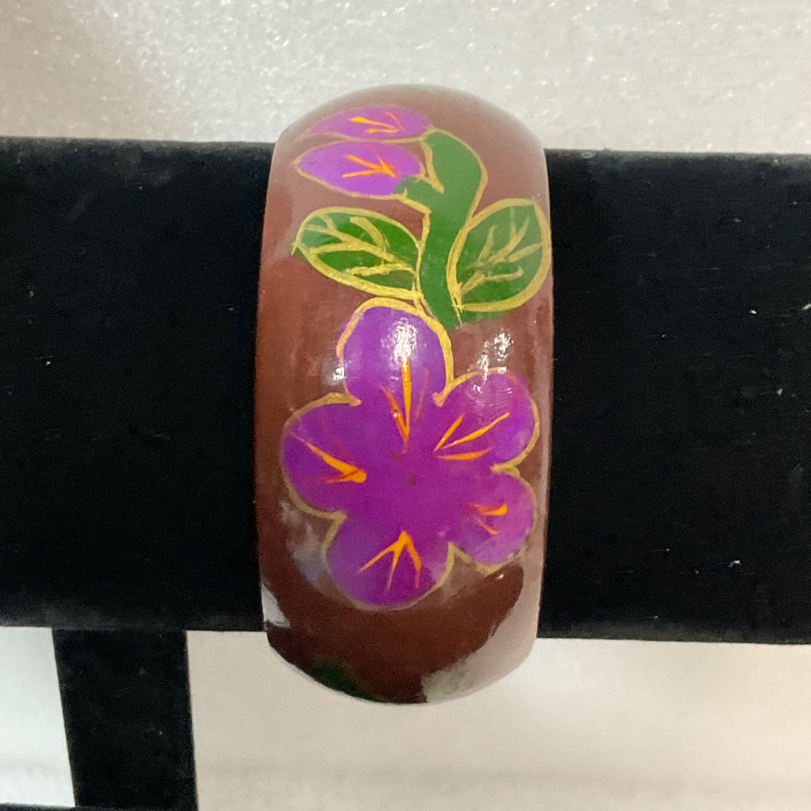 Vintage Hand Painted Wooden Bangle Bracelet Brown Floral Purple Flower 7" - Image 2