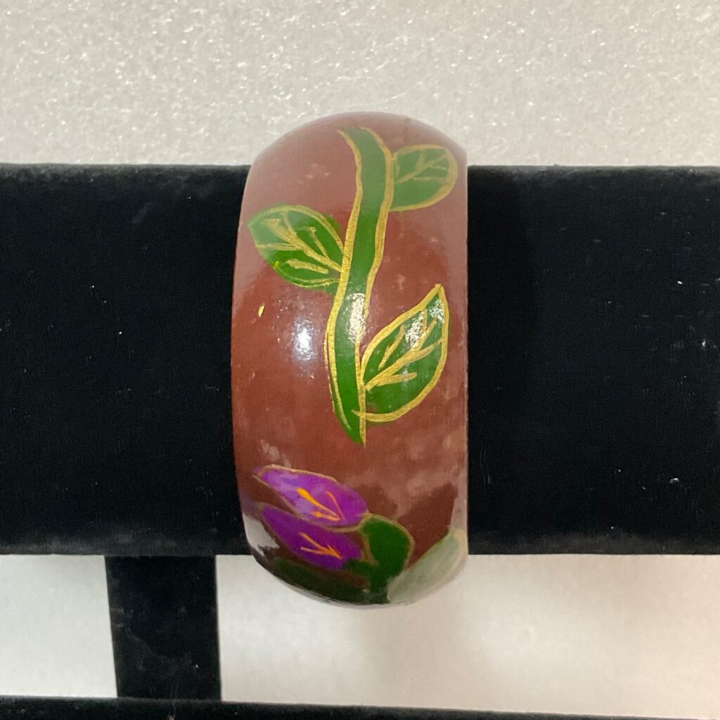 Vintage Hand Painted Wooden Bangle Bracelet Brown Floral Purple Flower 7" - Image 1