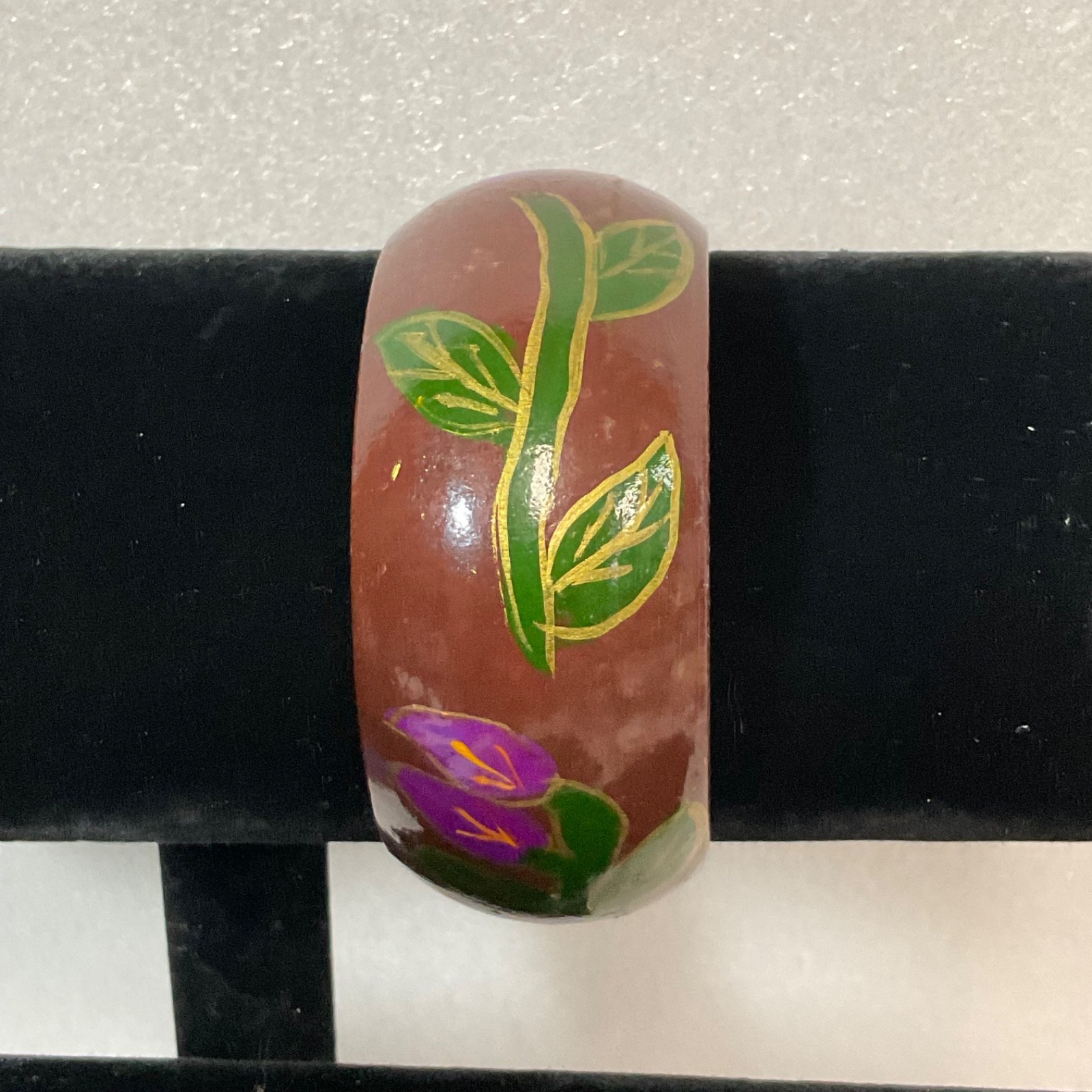Vintage Hand Painted Wooden Bangle Bracelet Brown Floral Purple Flower 7" - Image 1