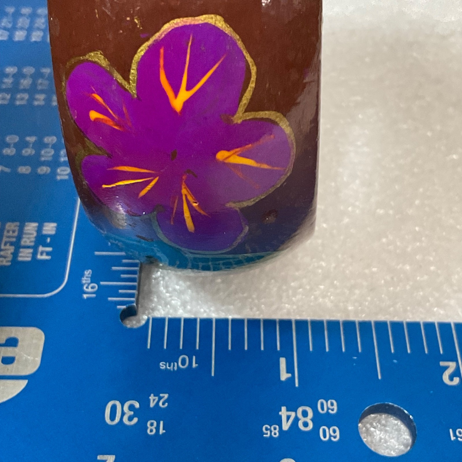 Vintage Hand Painted Wooden Bangle Bracelet Brown Floral Purple Flower 7" - Image 12
