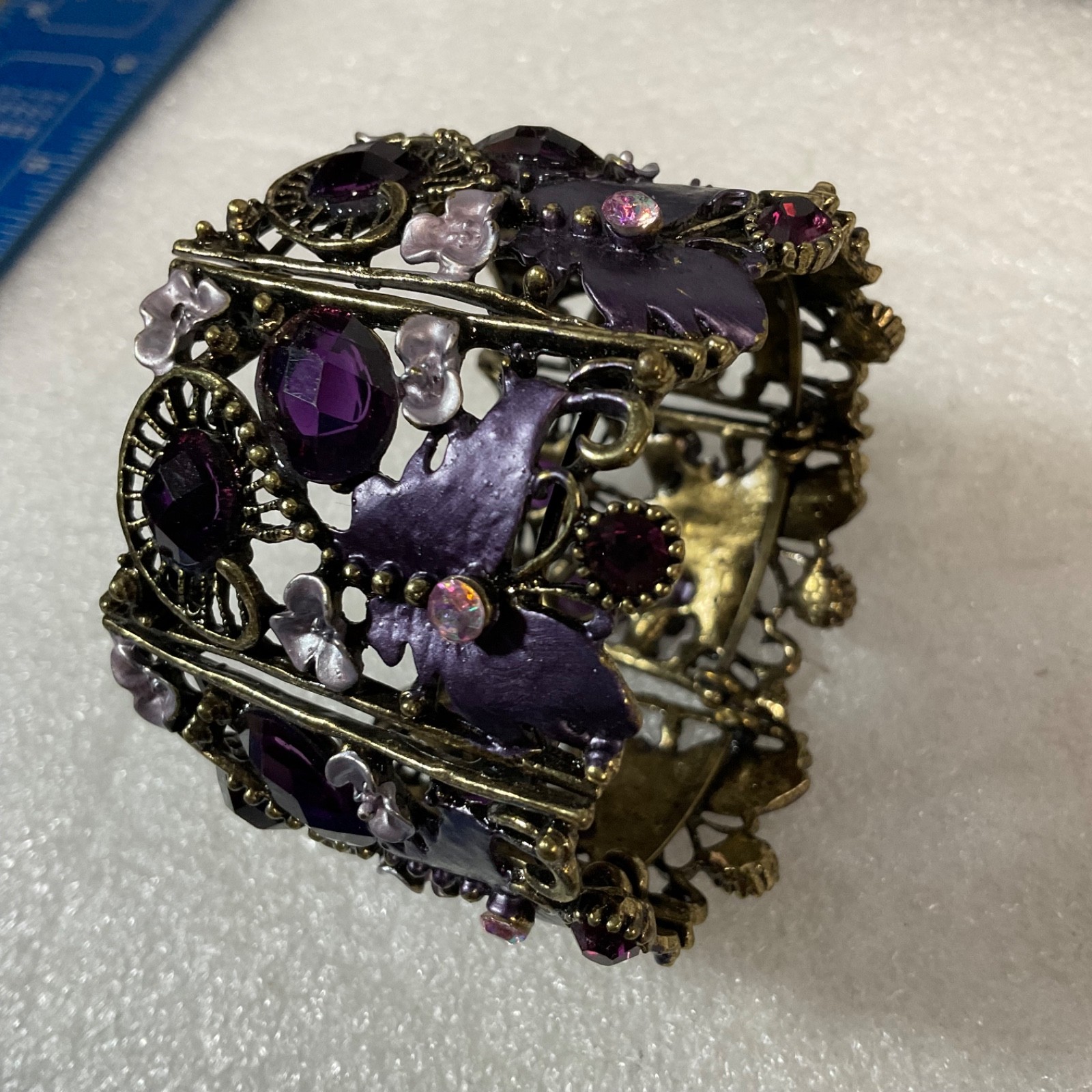VTG Gothic Purple Crystal Butterfly Wide 6" Cuff Bracelet Boho Statement Jewelry - Image 1