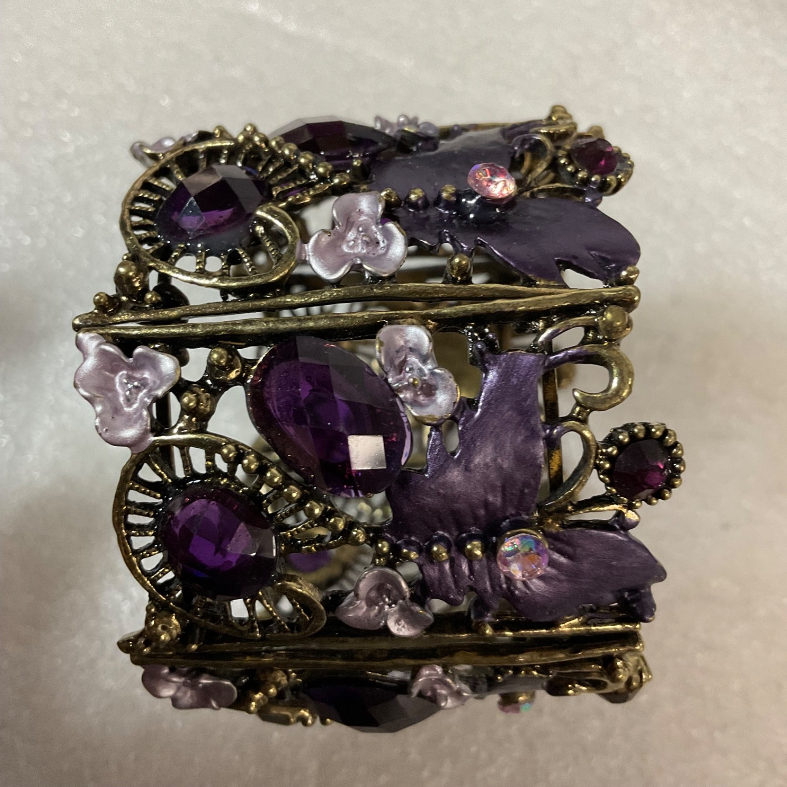 VTG Gothic Purple Crystal Butterfly Wide 6" Cuff Bracelet Boho Statement Jewelry - Image 2