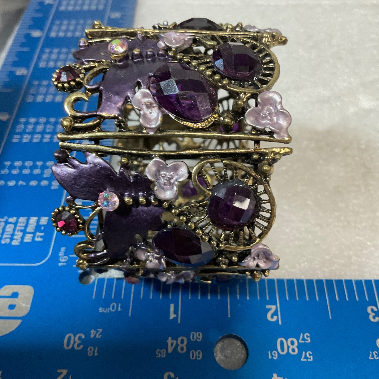 VTG Gothic Purple Crystal Butterfly Wide 6" Cuff Bracelet Boho Statement Jewelry - Image 7