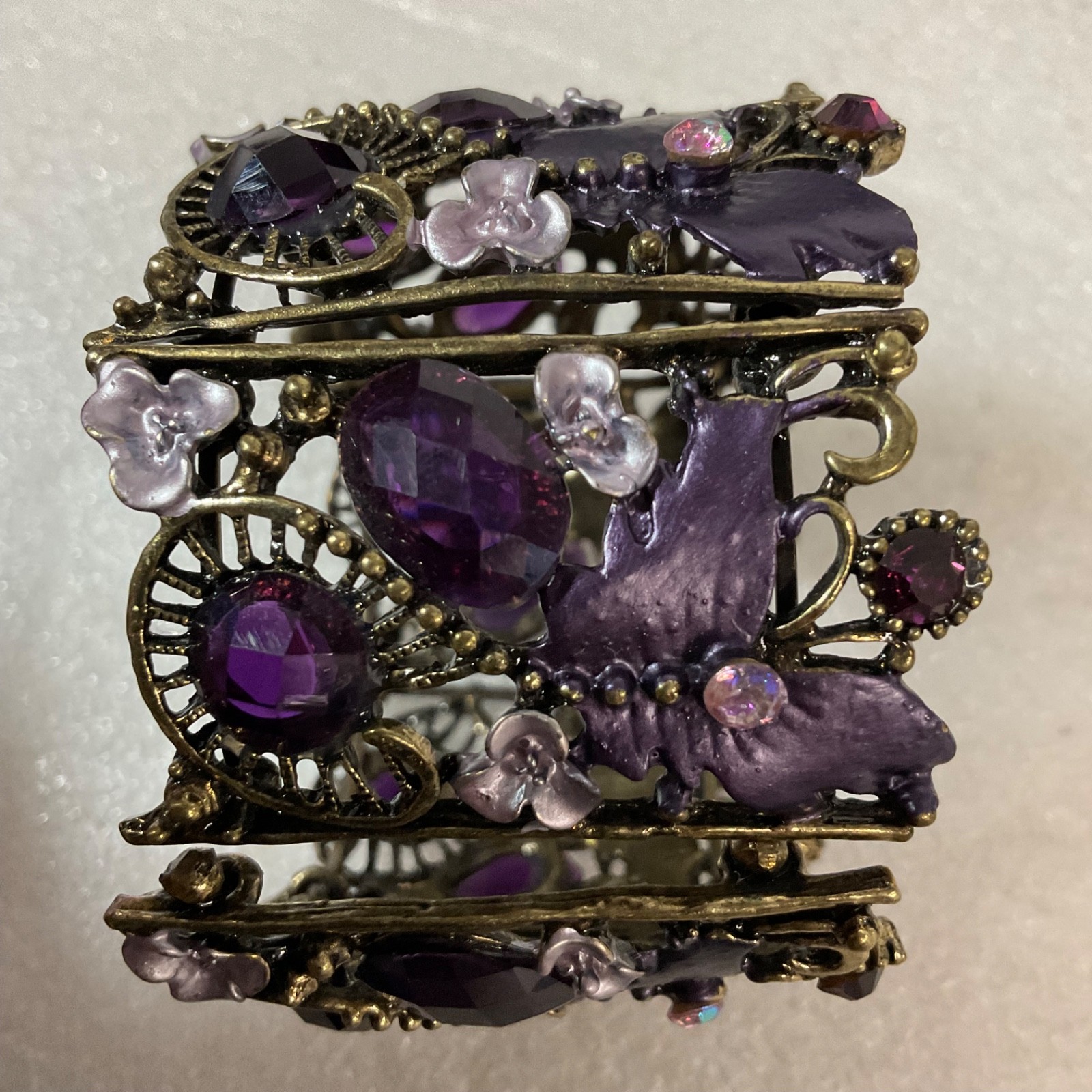 VTG Gothic Purple Crystal Butterfly Wide 6" Cuff Bracelet Boho Statement Jewelry - Image 3