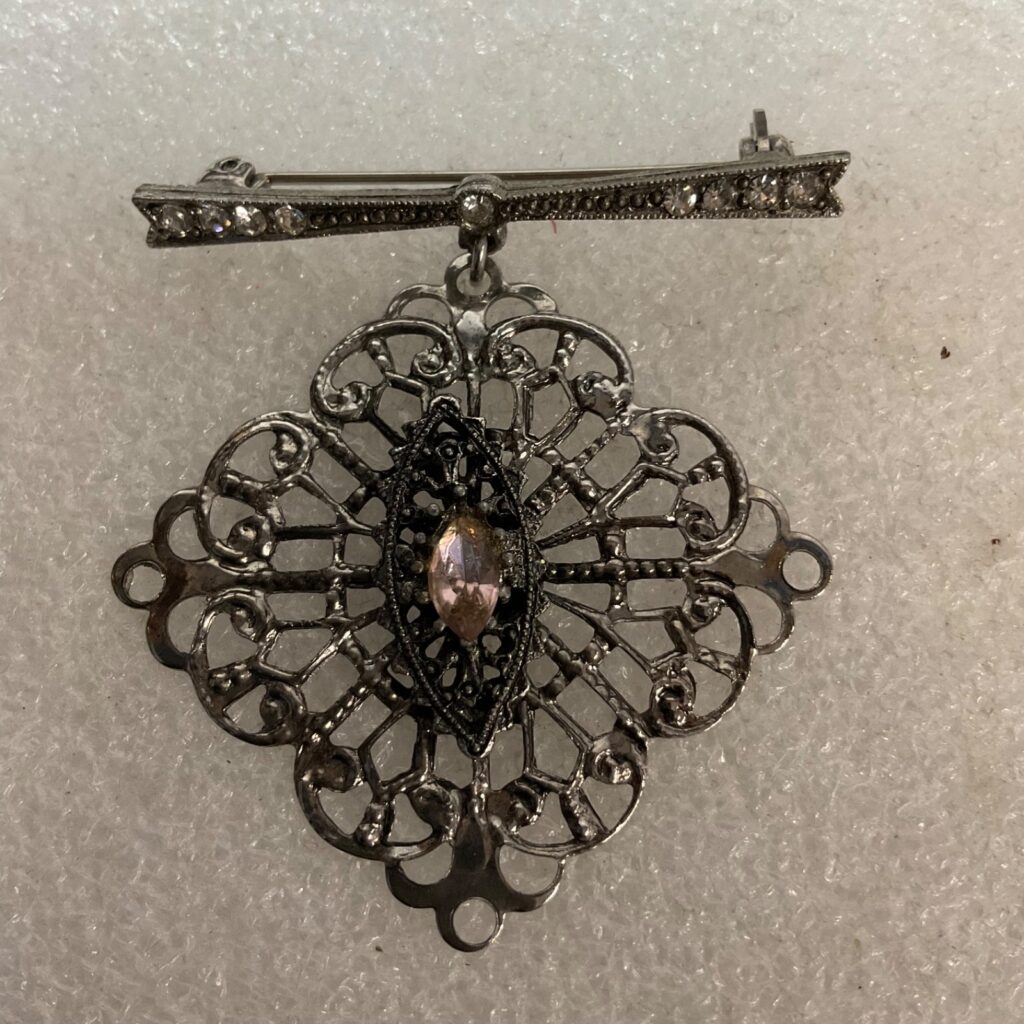 Vintage Filigree Brooch Pin Pink Stone Dangle Silver Tone Art Deco Style Costume - Image 1