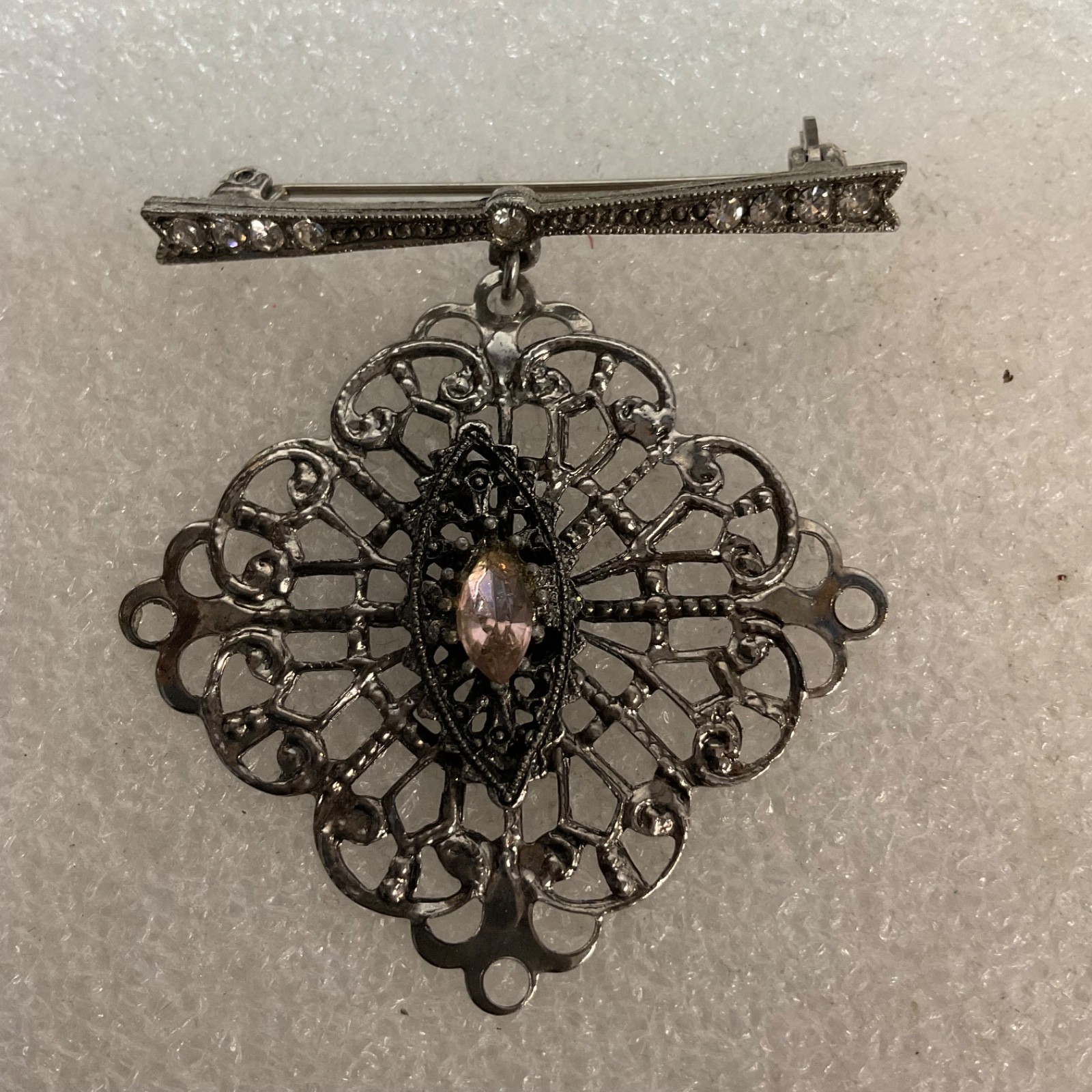 Vintage Filigree Brooch Pin Pink Stone Dangle Silver Tone Art Deco Style Costume - Image 1