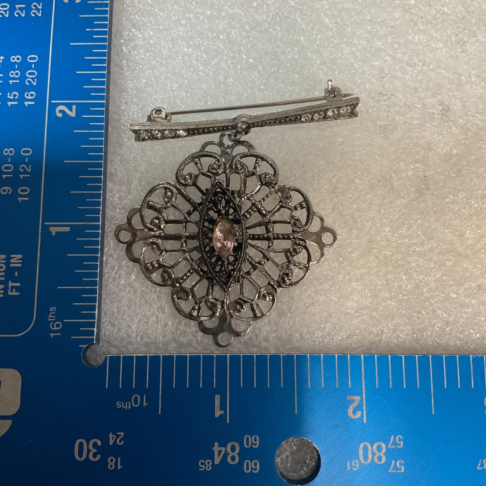 Vintage Filigree Brooch Pin Pink Stone Dangle Silver Tone Art Deco Style Costume - Image 3