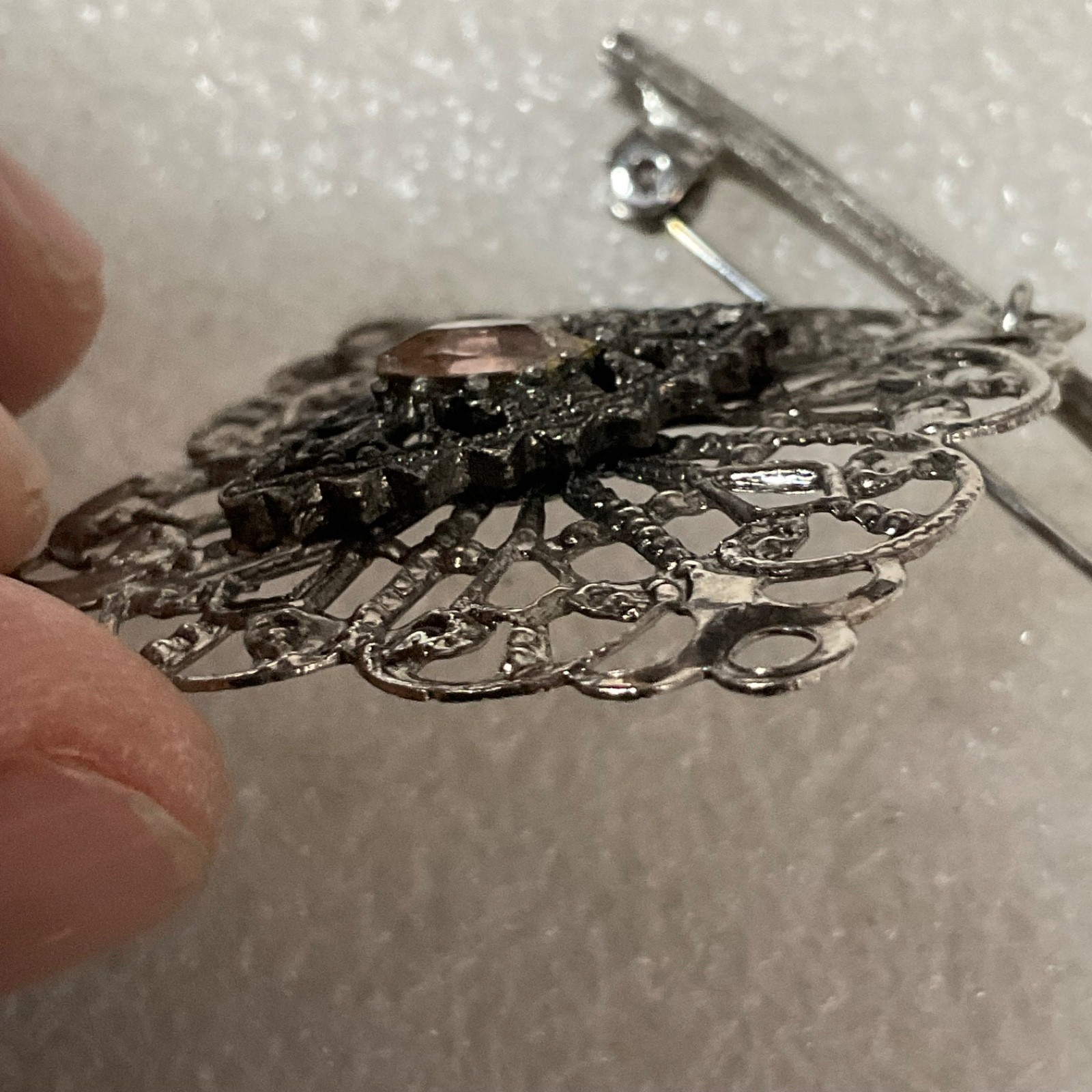 Vintage Filigree Brooch Pin Pink Stone Dangle Silver Tone Art Deco Style Costume - Image 6