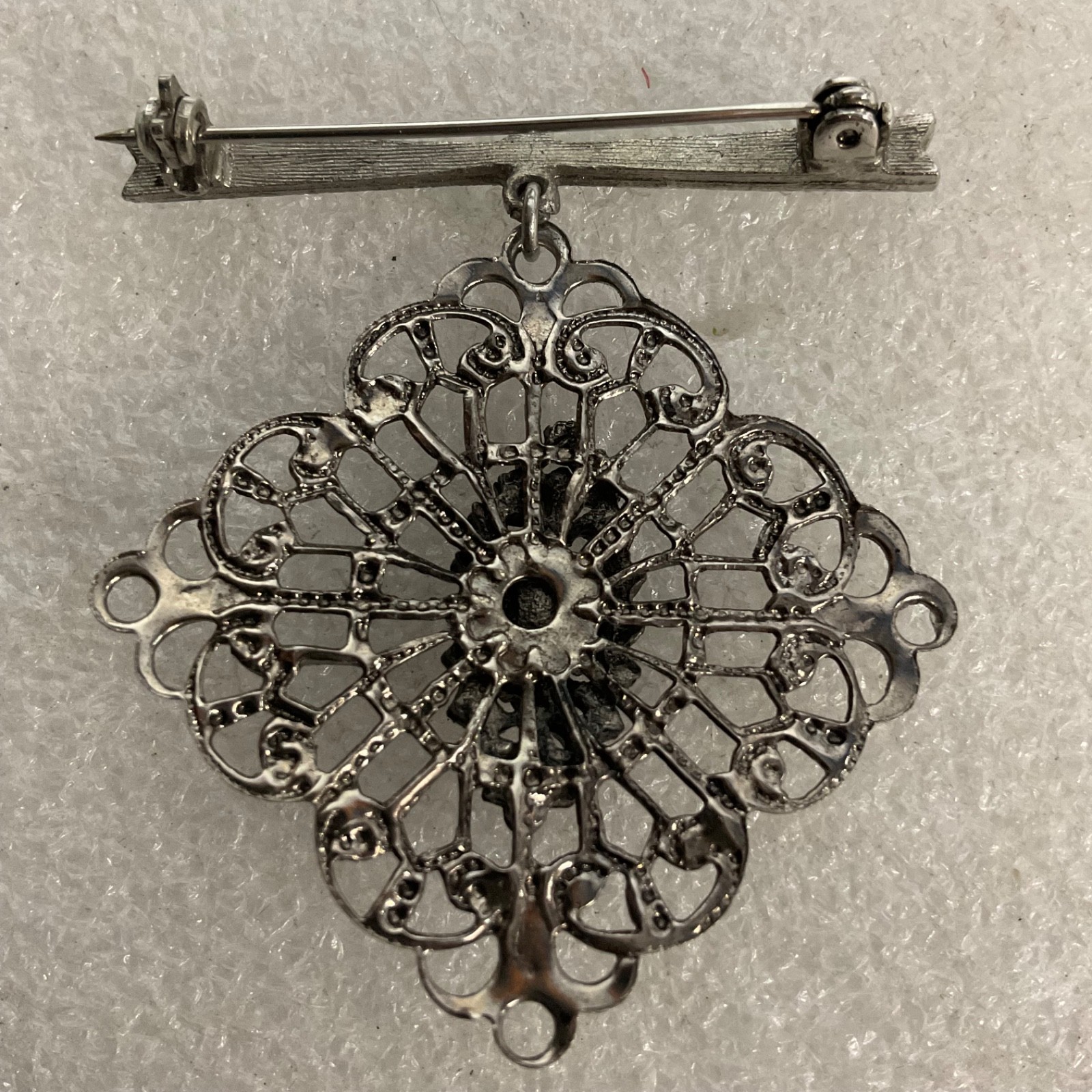 Vintage Filigree Brooch Pin Pink Stone Dangle Silver Tone Art Deco Style Costume - Image 2