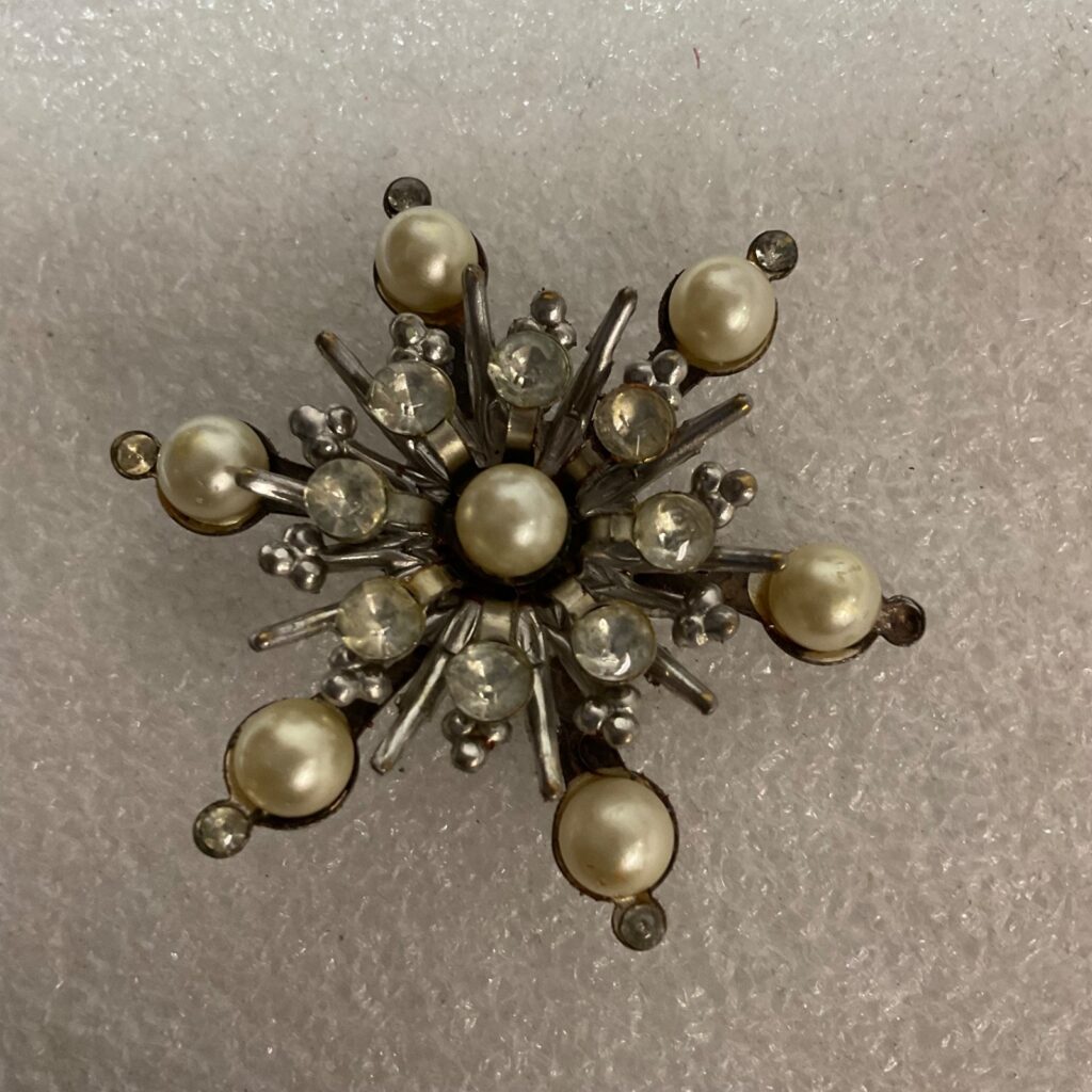 Vintage Starburst Brooch Rhinestone Faux Pearl Pin Costume Jewelry 2" - Image 1
