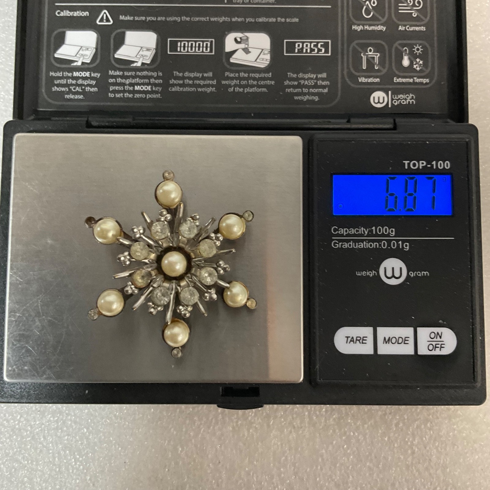 Vintage Starburst Brooch Rhinestone Faux Pearl Pin Costume Jewelry 2" - Image 8