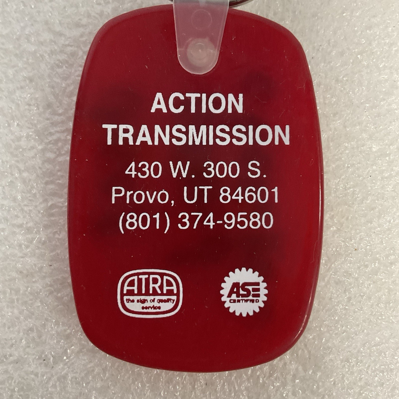 Vintage Action Transmission Provo UT Advertising Keychain Red ATRA ASE - Image 2