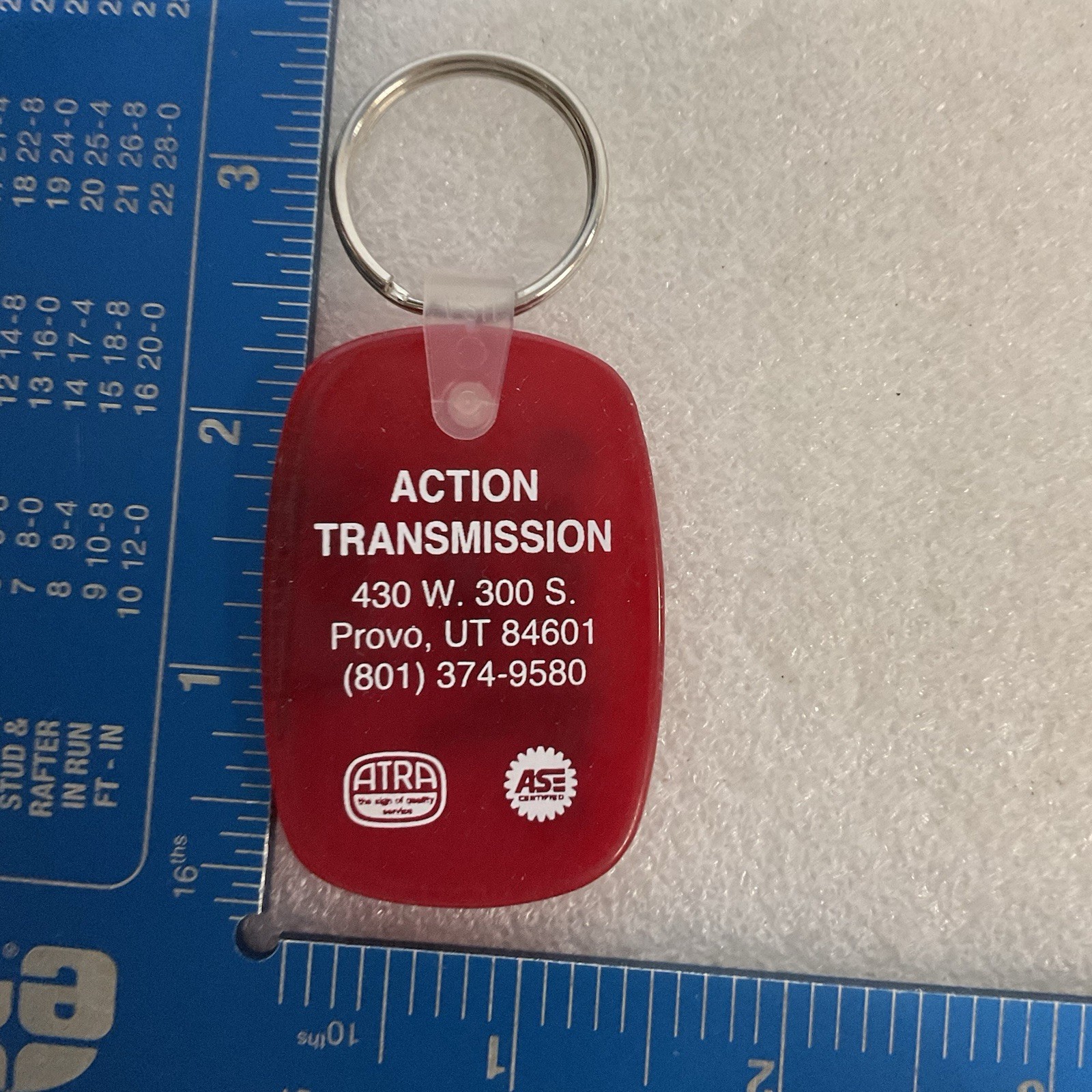 Vintage Action Transmission Provo UT Advertising Keychain Red ATRA ASE - Image 6