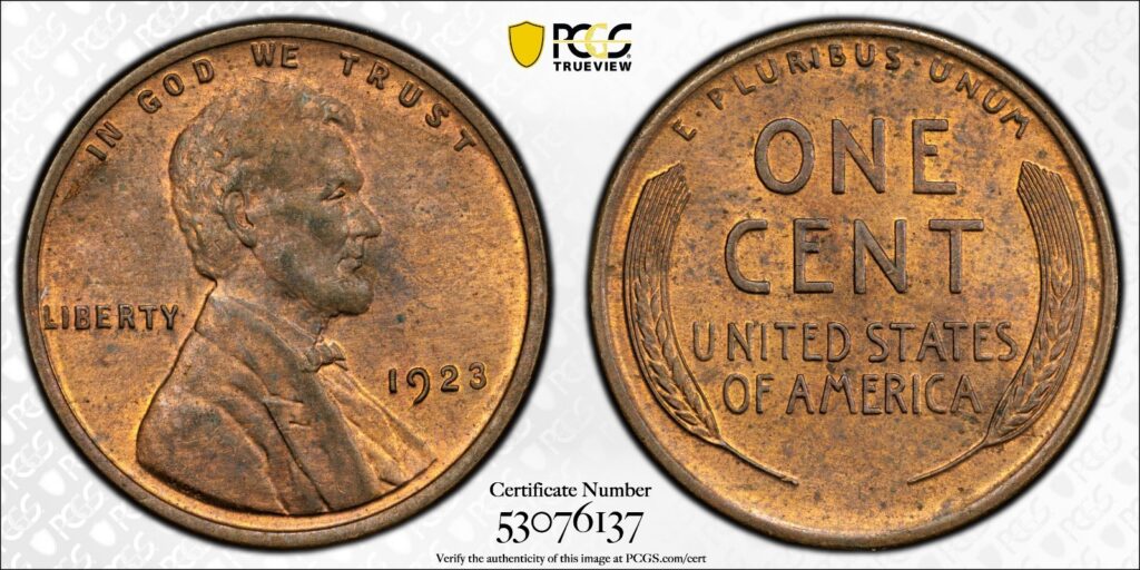 1923 Lincoln Wheat Cent PCGS MS63RB Cert#53076137 Gold Shield 1C - Image 1