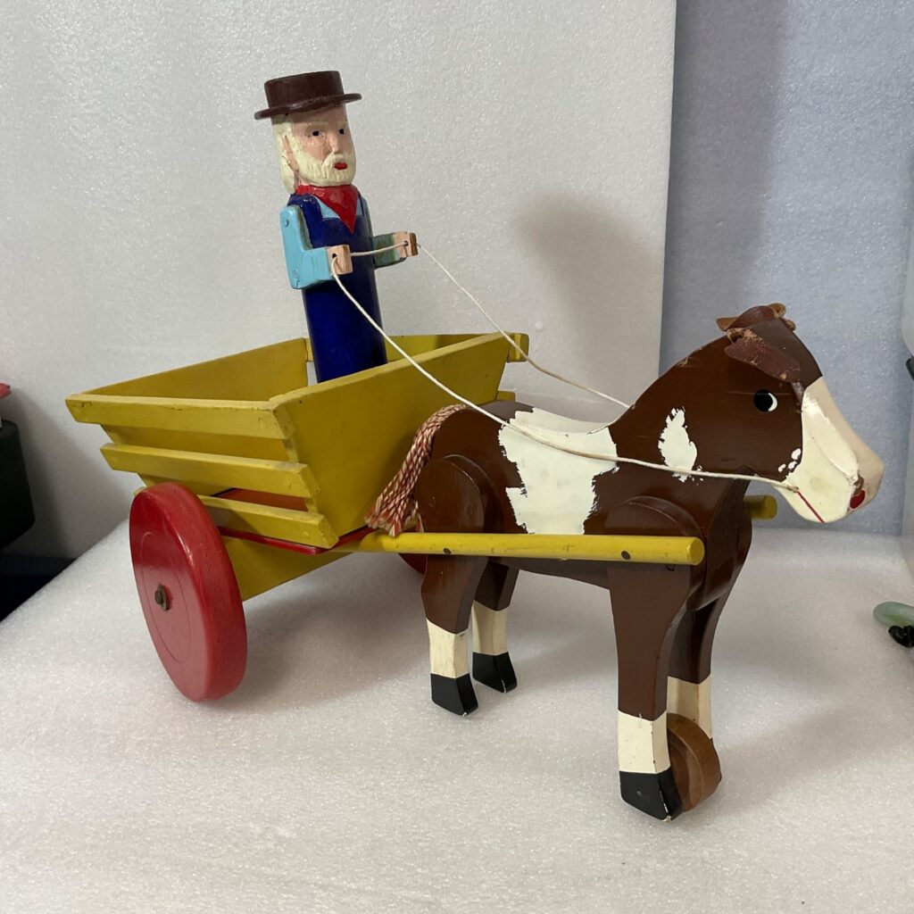 Vintage Wooden Horse Drawn Cart Toy w/ Man Driver Folk Art Hand Painted 17 - Image 1