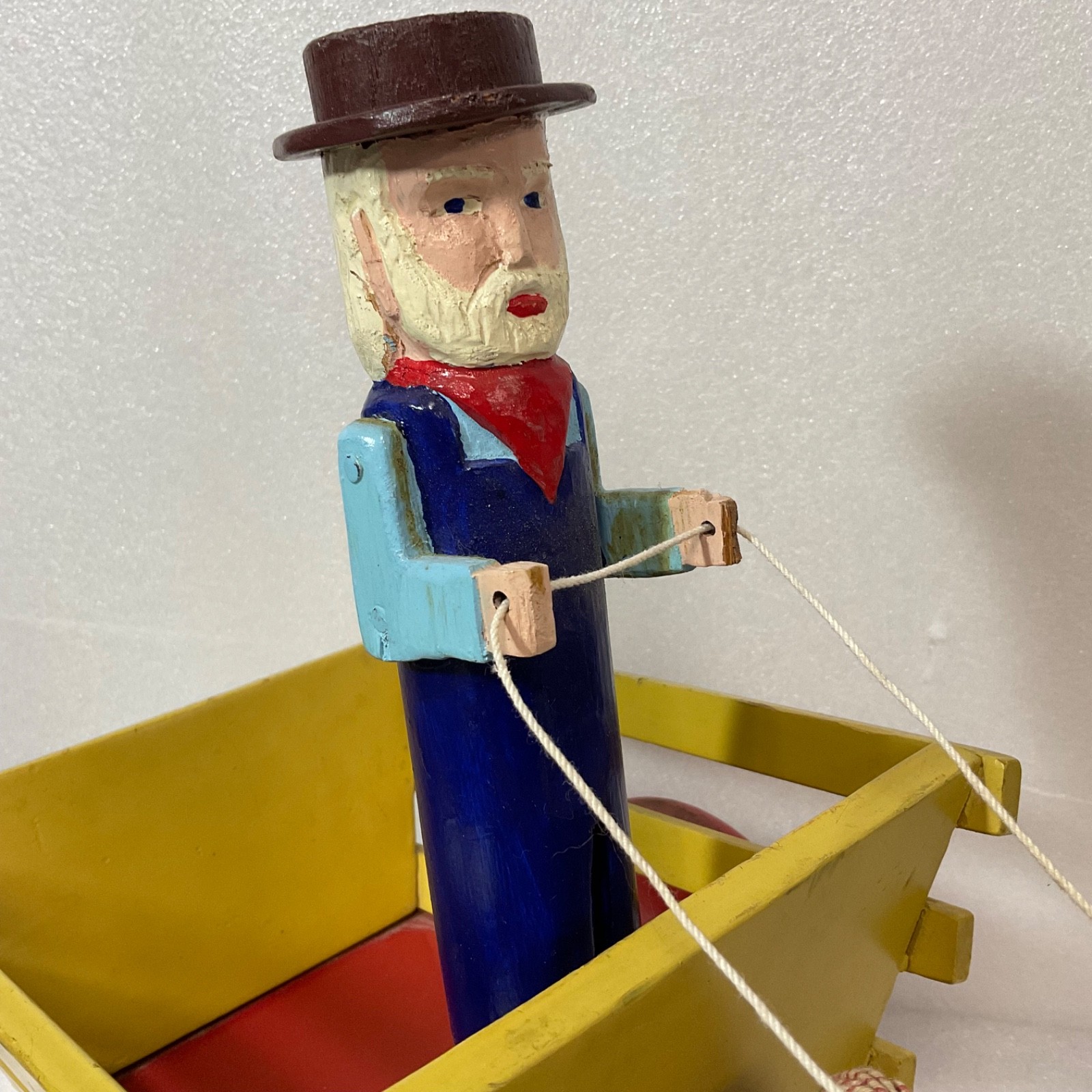 Vintage Wooden Horse Drawn Cart Toy w/ Man Driver Folk Art Hand Painted 17 - Image 2