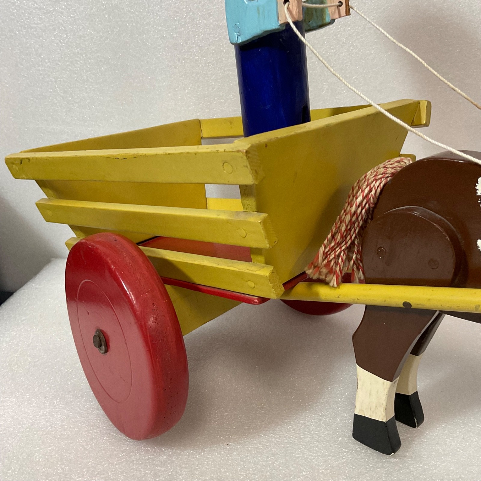Vintage Wooden Horse Drawn Cart Toy w/ Man Driver Folk Art Hand Painted 17 - Image 4