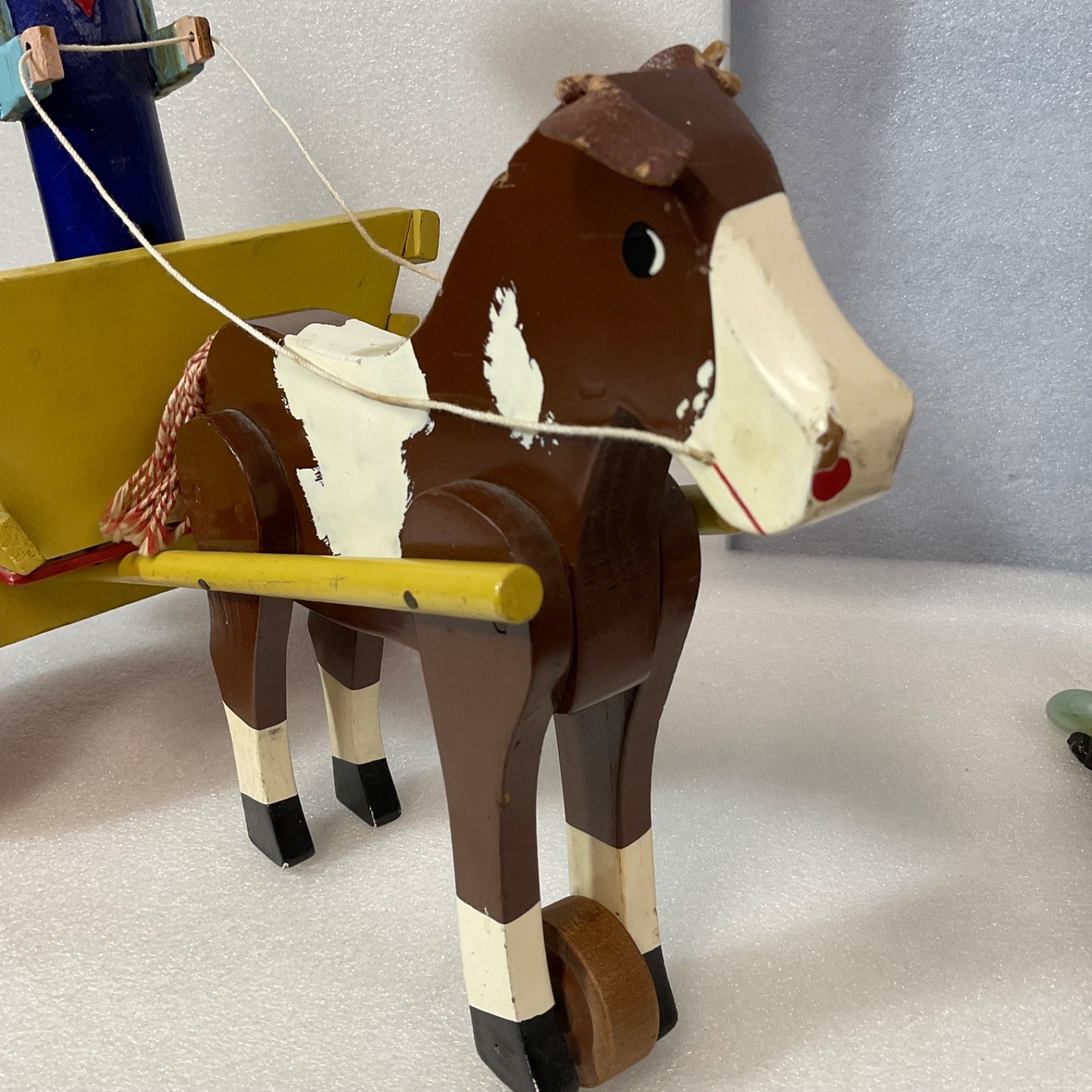 Vintage Wooden Horse Drawn Cart Toy w/ Man Driver Folk Art Hand Painted 17 - Image 3