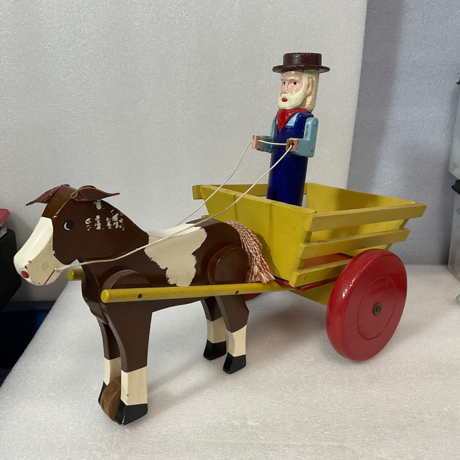 Vintage Wooden Horse Drawn Cart Toy w/ Man Driver Folk Art Hand Painted 17 - Image 6