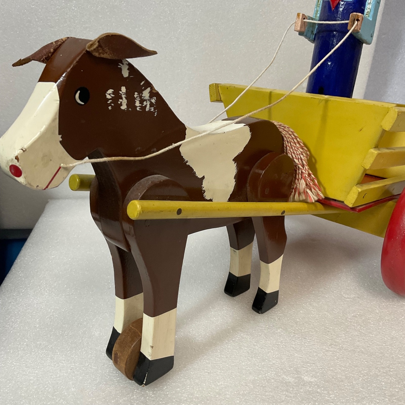 Vintage Wooden Horse Drawn Cart Toy w/ Man Driver Folk Art Hand Painted 17 - Image 7