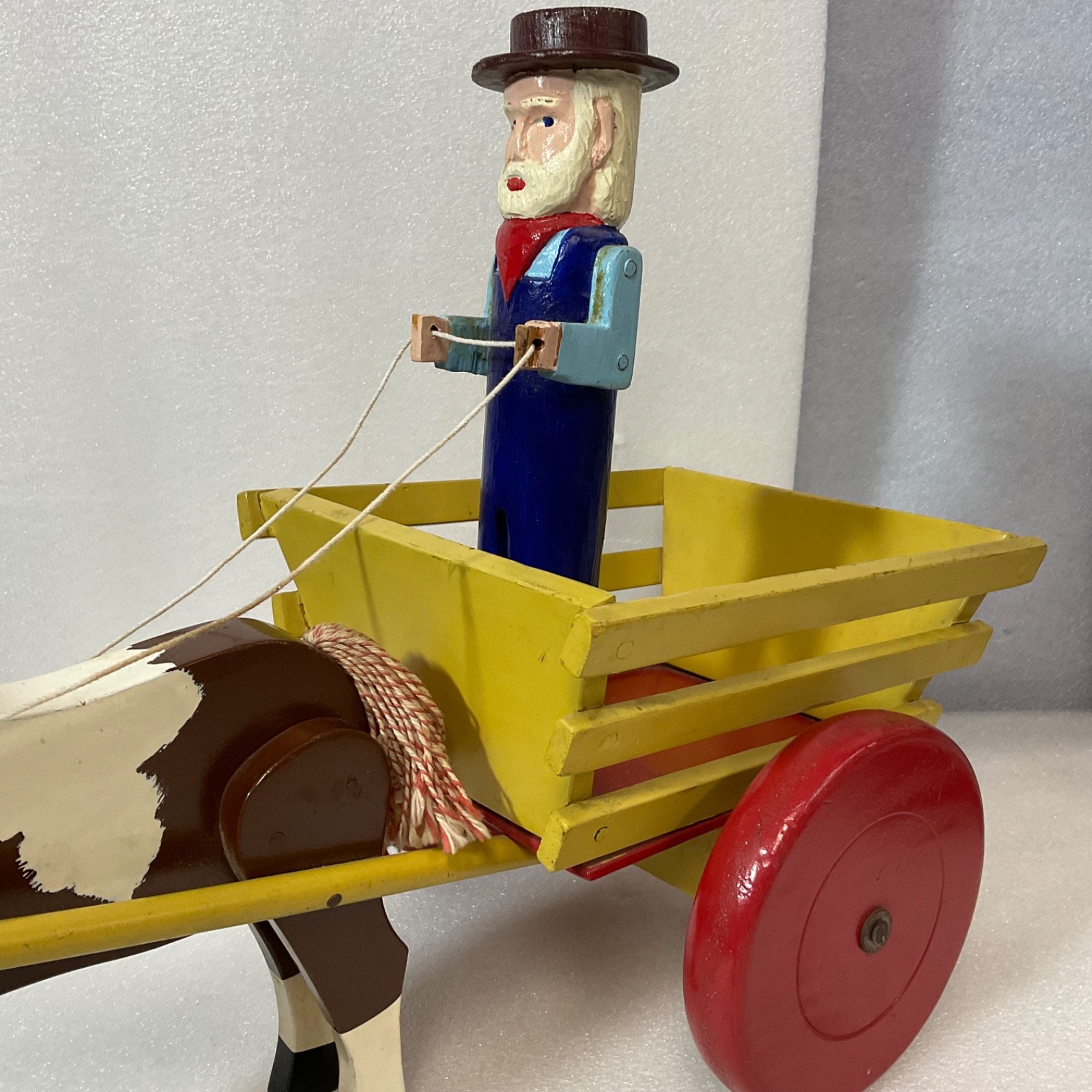 Vintage Wooden Horse Drawn Cart Toy w/ Man Driver Folk Art Hand Painted 17 - Image 8