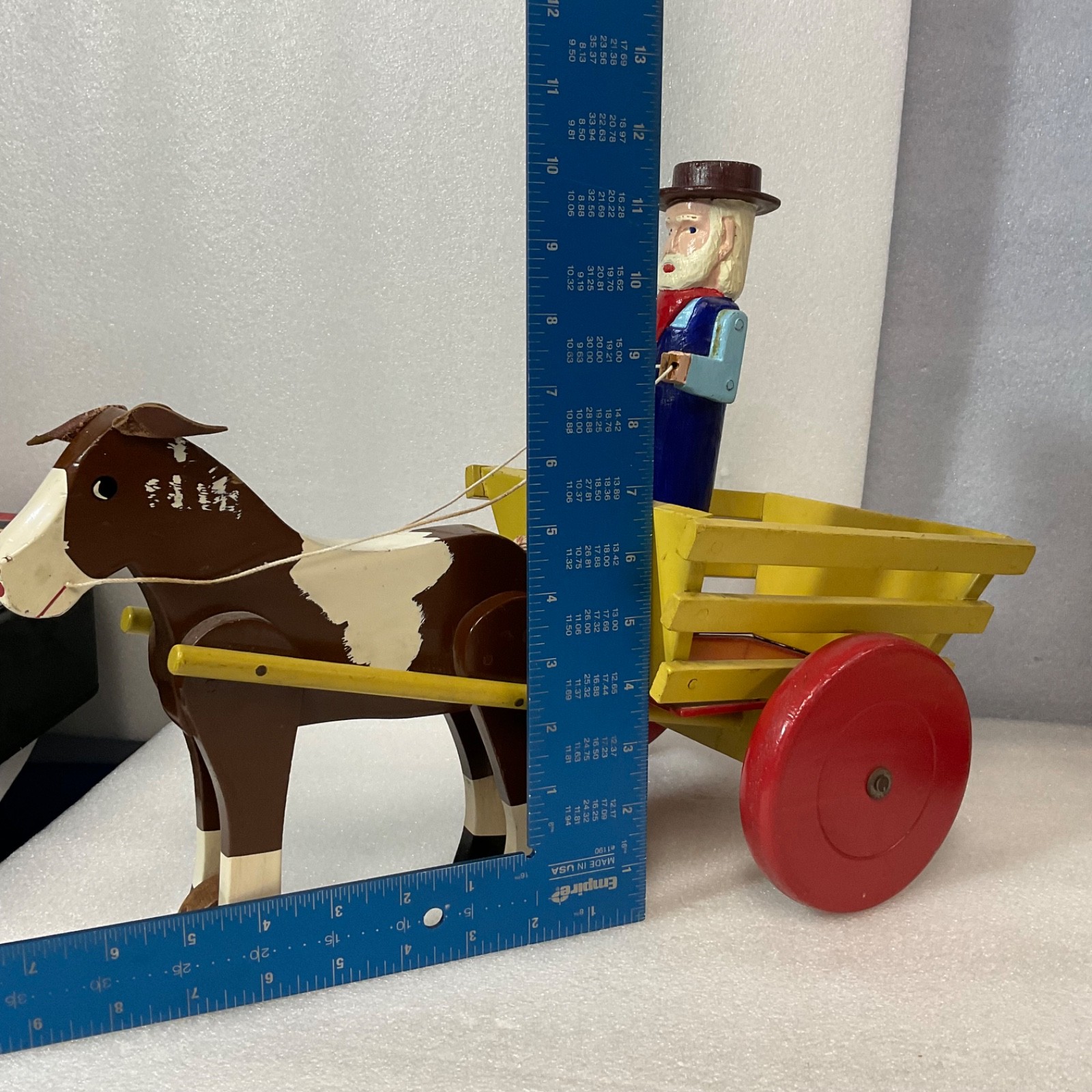 Vintage Wooden Horse Drawn Cart Toy w/ Man Driver Folk Art Hand Painted 17 - Image 10