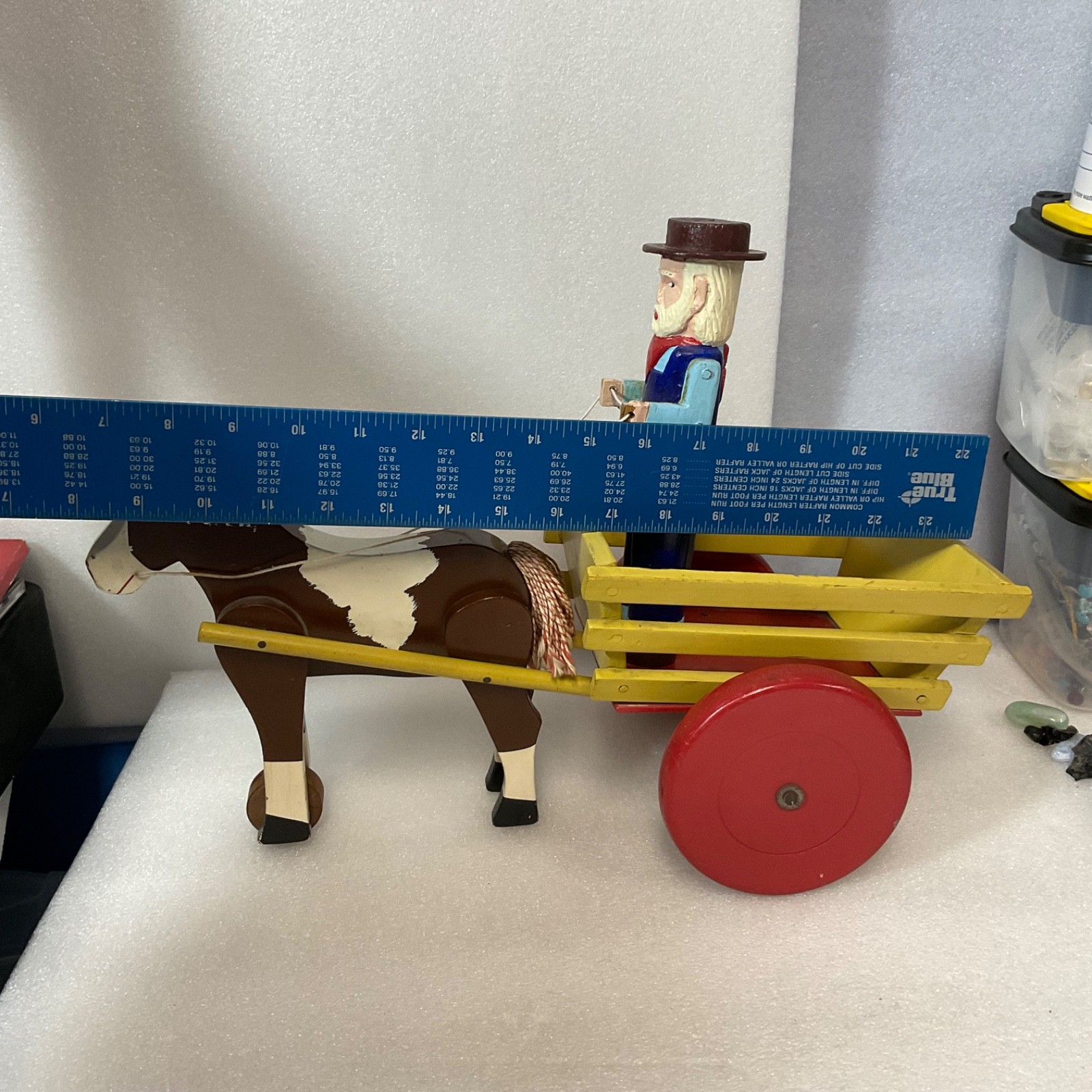 Vintage Wooden Horse Drawn Cart Toy w/ Man Driver Folk Art Hand Painted 17 - Image 11