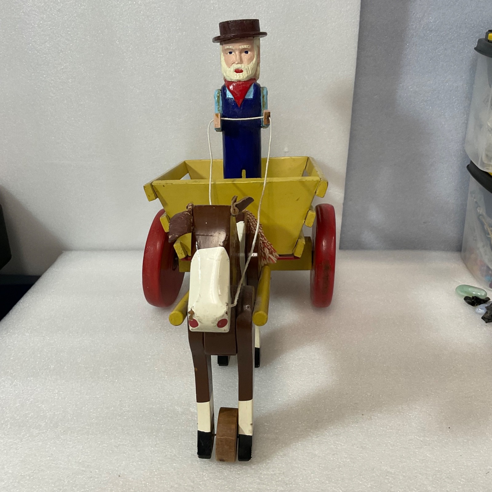 Vintage Wooden Horse Drawn Cart Toy w/ Man Driver Folk Art Hand Painted 17 - Image 5