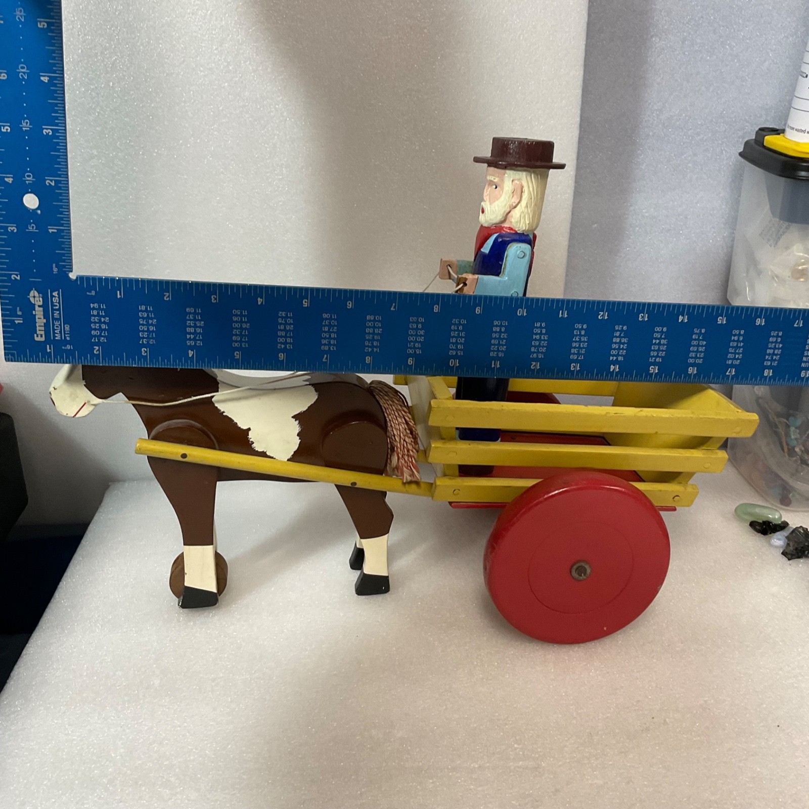 Vintage Wooden Horse Drawn Cart Toy w/ Man Driver Folk Art Hand Painted 17 - Image 12