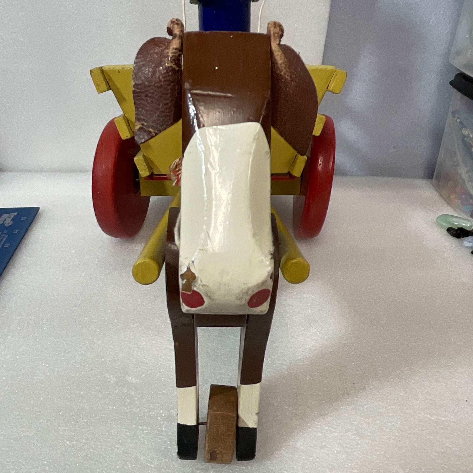 Vintage Wooden Horse Drawn Cart Toy w/ Man Driver Folk Art Hand Painted 17 - Image 21