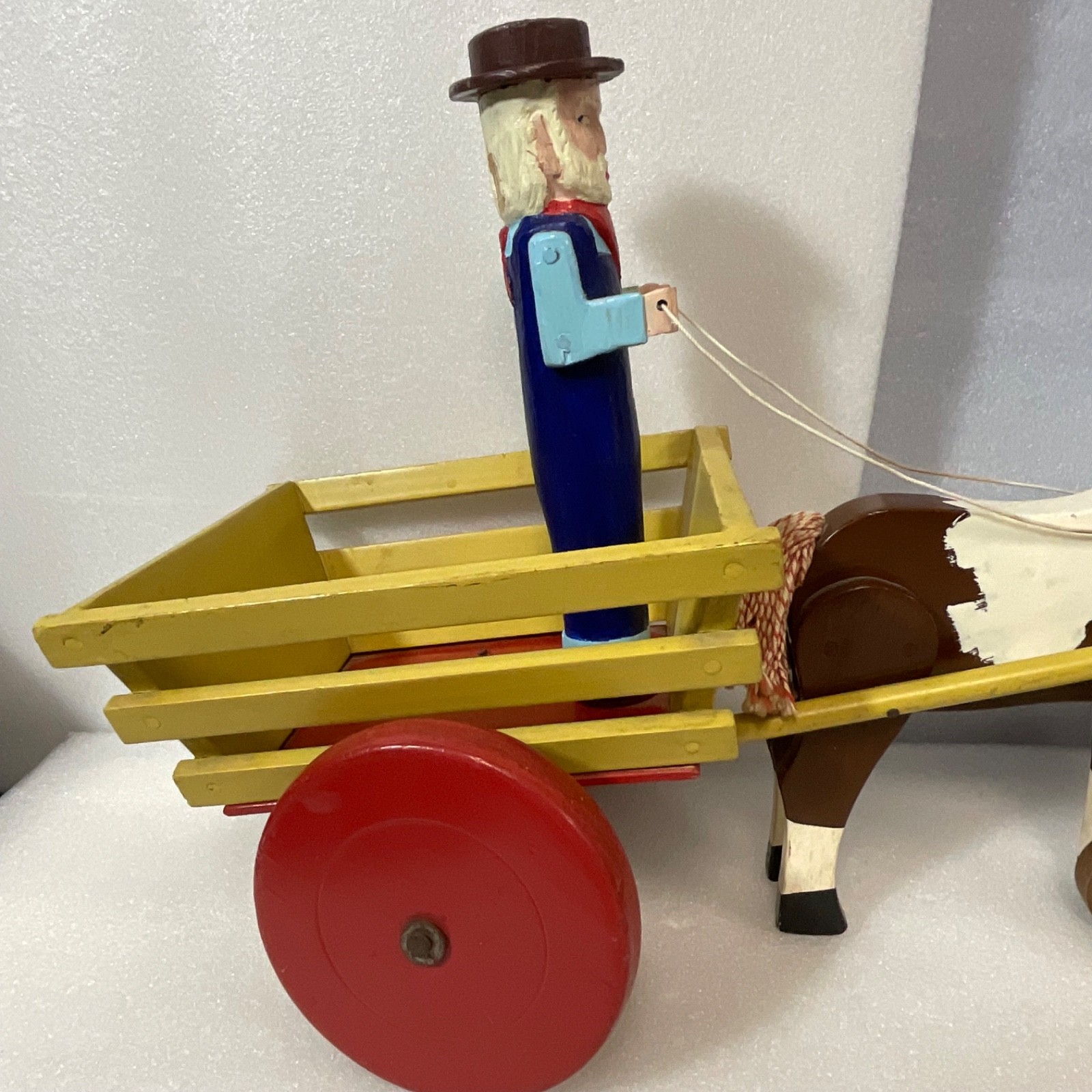 Vintage Wooden Horse Drawn Cart Toy w/ Man Driver Folk Art Hand Painted 17 - Image 24