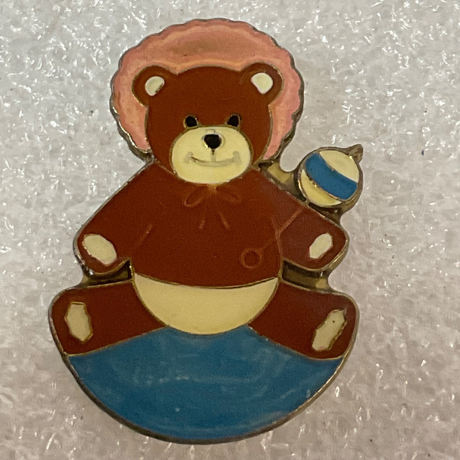 Vintage Teddy Bear Enamel Lapel Pin 1in Brown Blue Gold Tone Baby Toy Design - Image 1