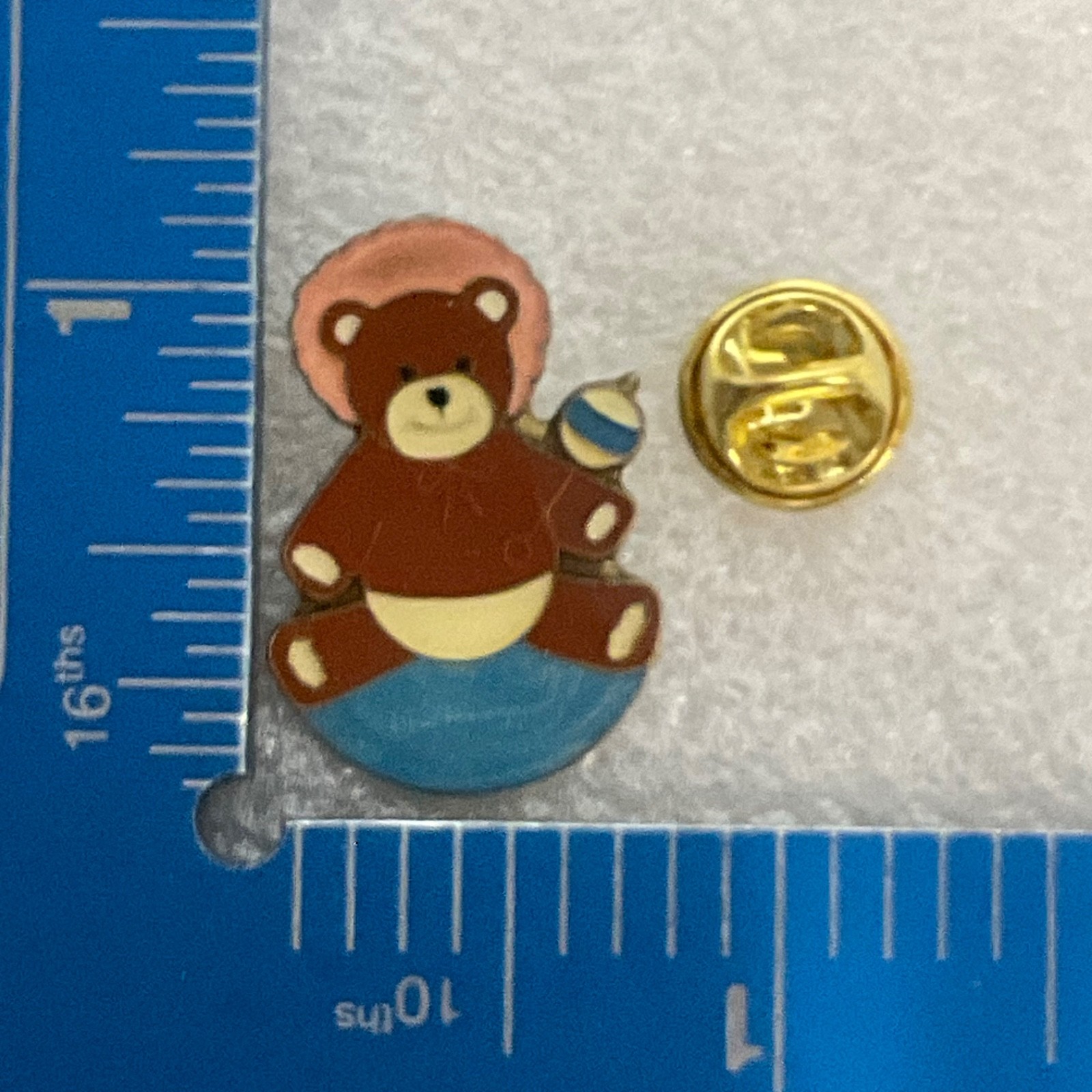 Vintage Teddy Bear Enamel Lapel Pin 1in Brown Blue Gold Tone Baby Toy Design - Image 3