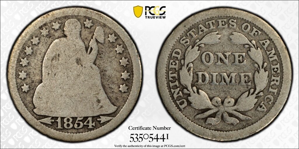 1854 10C Liberty Seated Dime PCGS G04 Gold Shield Cert#53505441 - Image 1