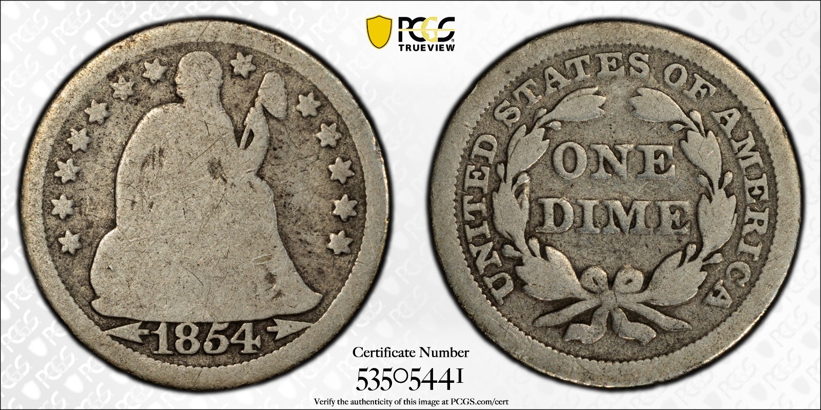 1854 10C Liberty Seated Dime PCGS G04 Gold Shield Cert#53505441 - Image 1