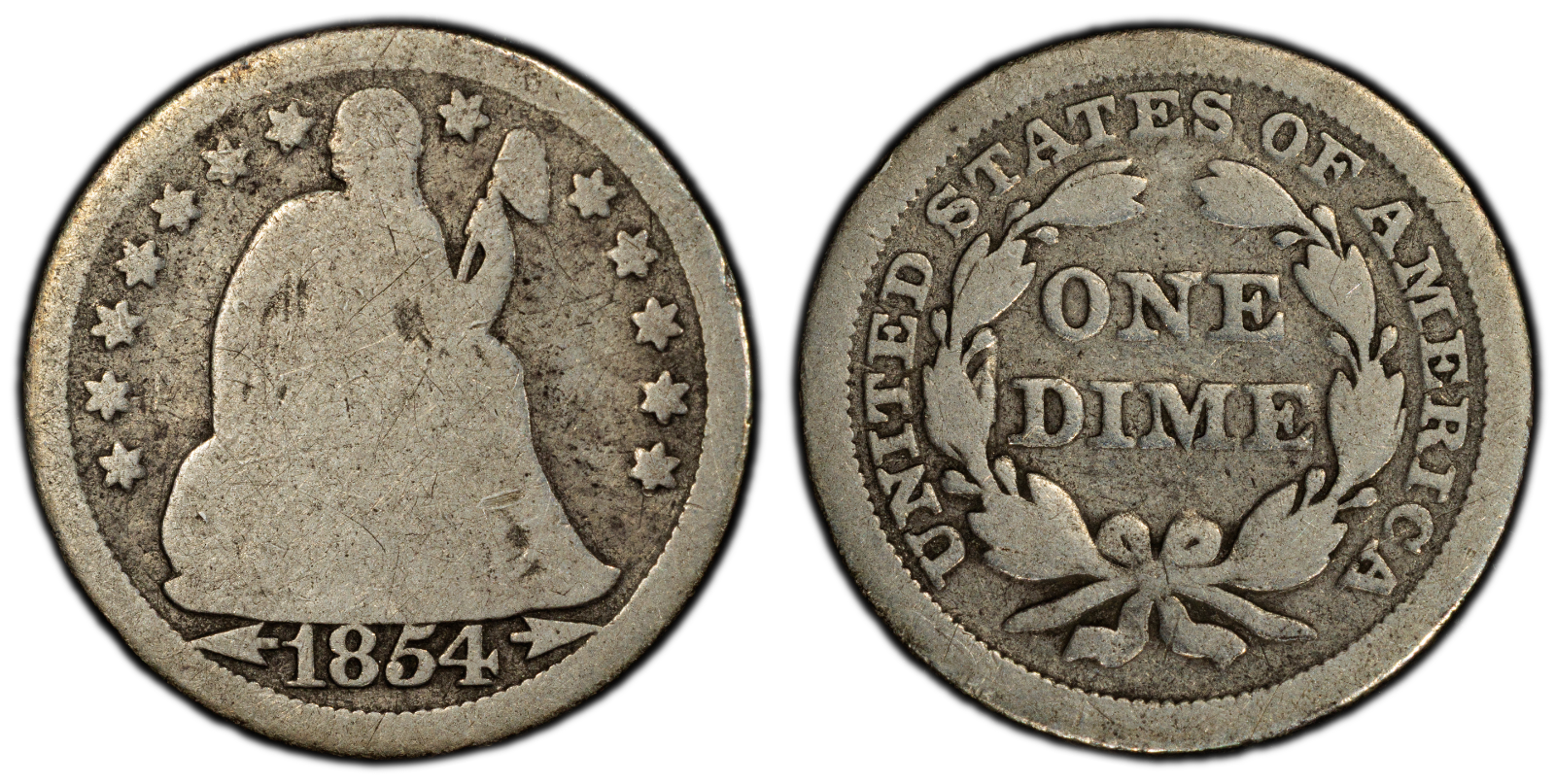 1854 10C Liberty Seated Dime PCGS G04 Gold Shield Cert#53505441 - Image 3