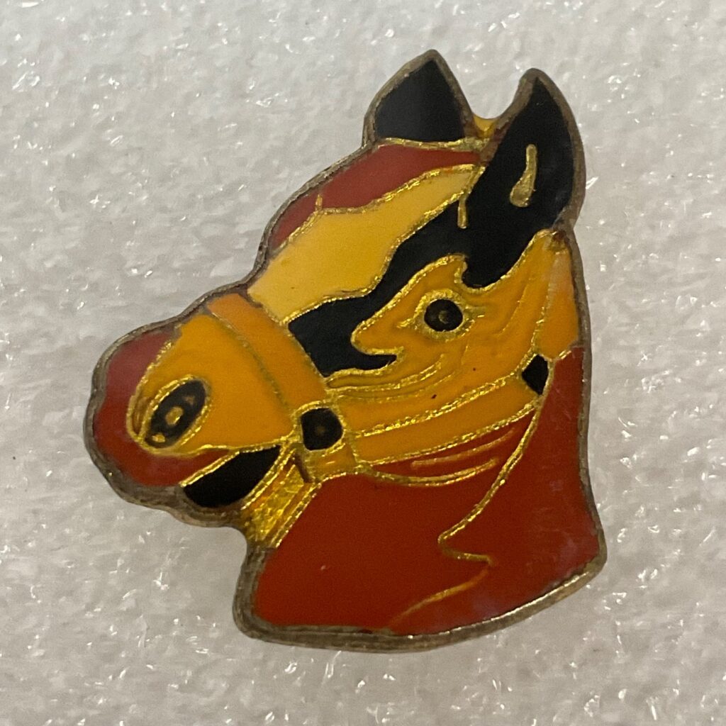 Vintage Horse Head Pin Red Yellow Enamel Lapel Badge 1in Equestrian Collectible - Image 1