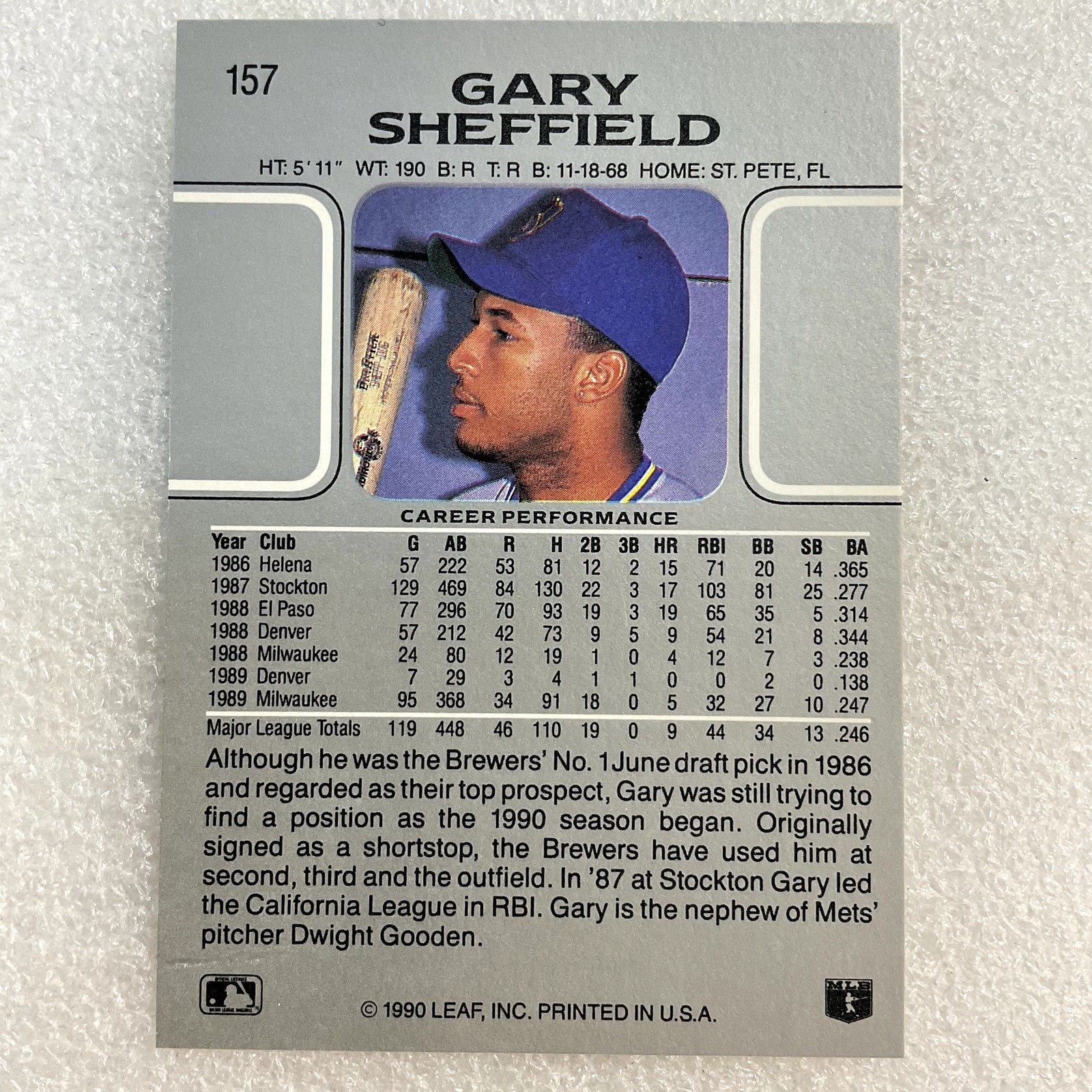 1990 Leaf #157 Gary Sheffield Baseball Card Milwaukee Brewers MLB Original - Image 2